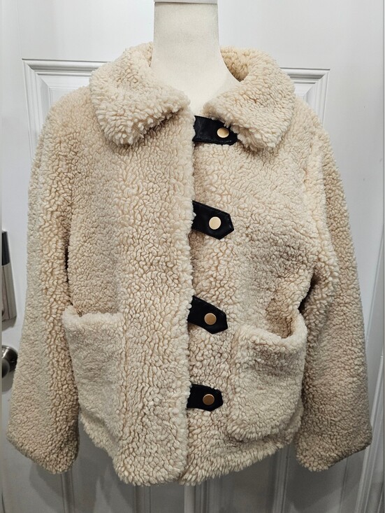 JODIFL Jackets & Blazers - Jodifl Cream Sherpa Jacket Black Faux Leather Toggle Buttons Size S
